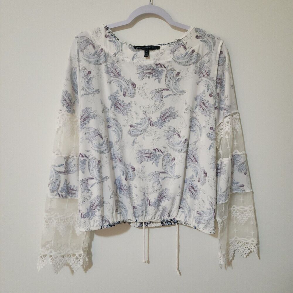 WHBM Womens Boho Blouse White Blue Purple Paisley Lace Up Neck Crochet Size L - Picture 6 of 9